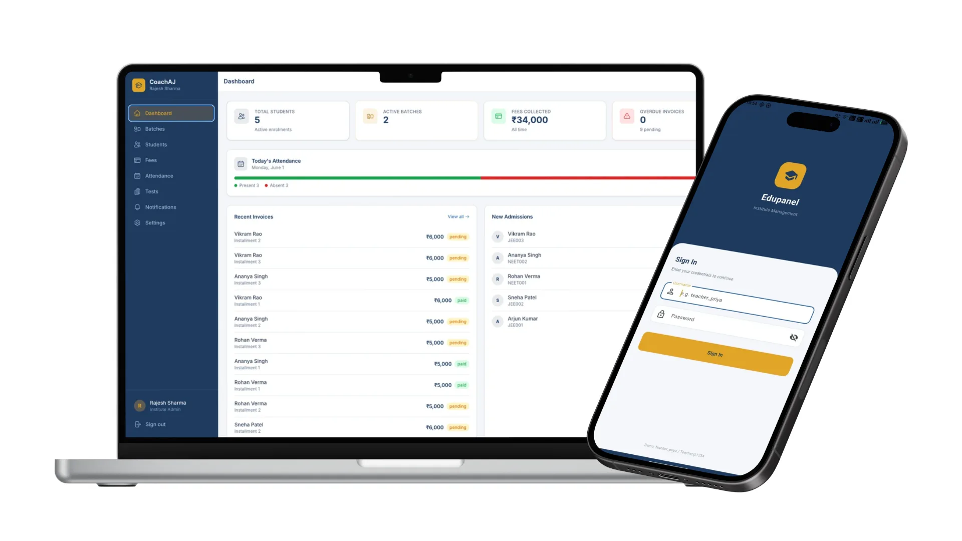 Edupanel — Coaching Institute Management System (Web + Mobile SaaS)